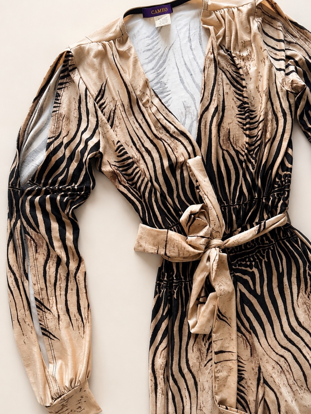 Cameo Zebra Animal Print Long Sleeve Belted Wide Leg Jumpsuit Beige Black - Picture 6 of 7